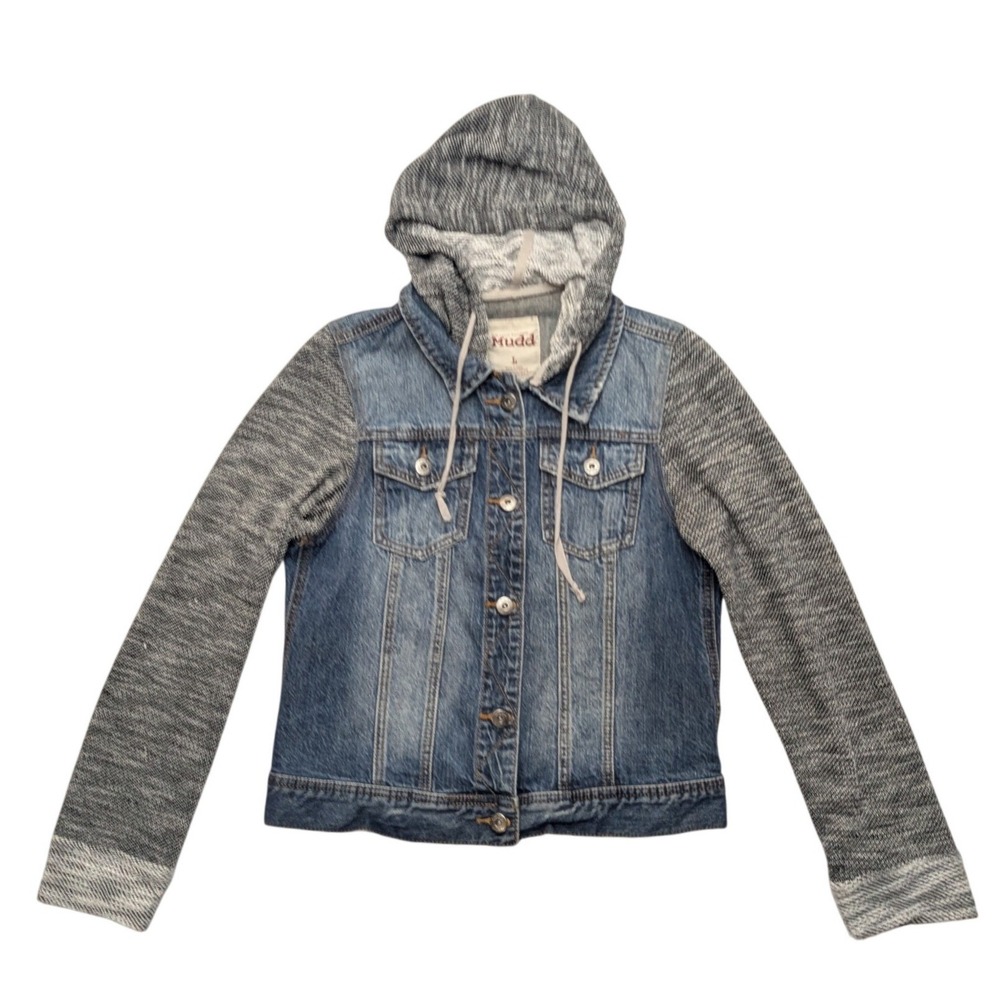 Mudd Denim Jacket Women Large Blue Grey Knit Sleeve Hooded Mixed Media